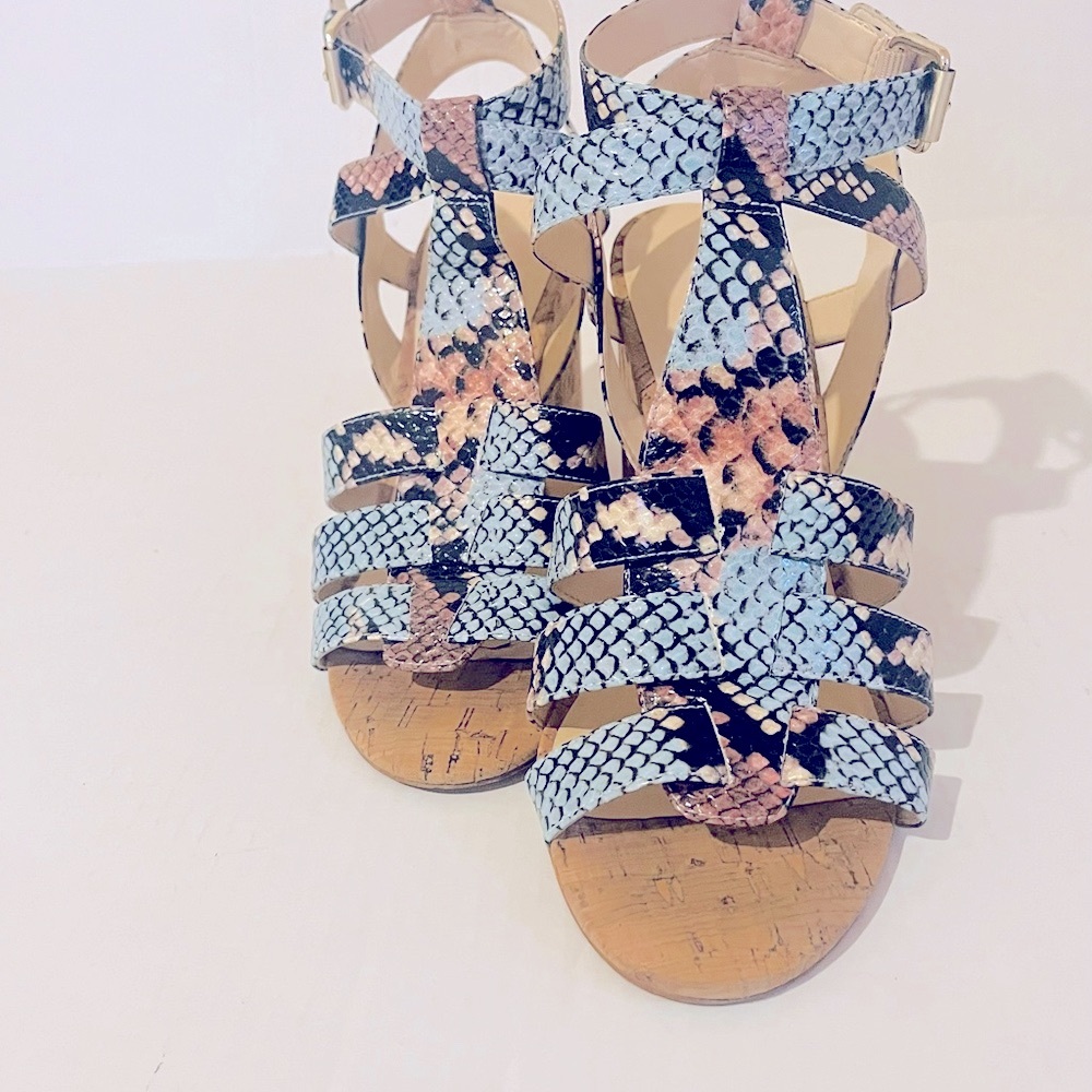 Nine West Turquoise Blue & Pink Snakeskin Wedge Sandals w/ Cork Sole -9 1/2